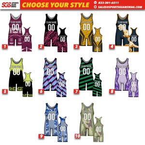 Puede incluir: Una colección de maillots de lucha libre en varios diseños y colores. Cada maillot presenta el texto "TEAM NAME" y el número "00". Los diseños incluyen patrones como rayas, camuflaje e impresiones de animales. El texto "CHOOSE YOUR STYLE" está en la parte superior.