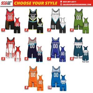 May include: A selection of ten wrestling singlets in various color combinations, each with matching youth sizes. Designs include black, red, green, blue, and orange singlets, all featuring the text "TEAM NAME" and the number "00". The top banner reads "CHOOSE YOUR STYLE".