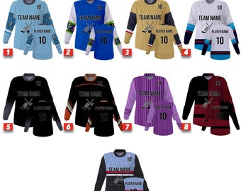 Puede incluir: Una selección de camisetas de hockey en varios colores y diseños. Cada camiseta presenta el número 10, espacio para el nombre del equipo y del jugador, y un gráfico de palo de hockey. Las camisetas están disponibles en tallas para adultos y jóvenes.