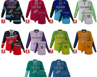 Puede incluir: Una colección de diez camisetas de hockey en varias combinaciones de colores, cada una con el número 10 y espacio para el nombre del equipo y del jugador. Las camisetas se muestran en tallas para adultos y jóvenes.