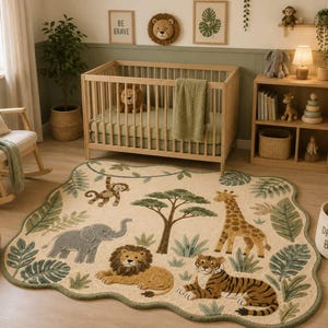 May include: An area rug with an irregular, wavy edge featuring a cream-colored background and a jungle theme. The rug displays illustrations of a gray elephant, a brown lion, a tiger, a giraffe, and a monkey, surrounded by green palm leaves.