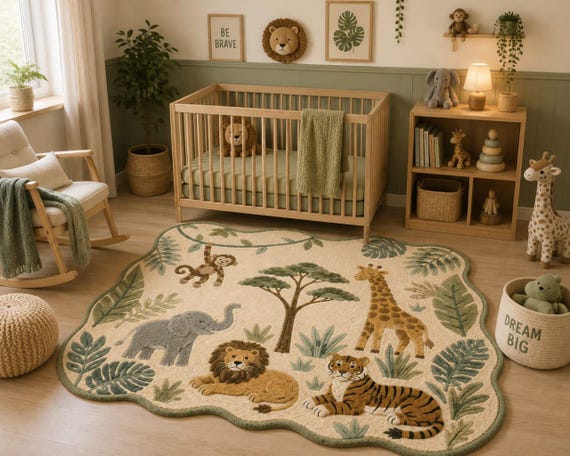 Hand Tufted Safari Rug, Cream Jungle Animal Carpet with Giraffe Lion Elephant Tiger for Nursery Kids Room Playroom, All Sizes Available