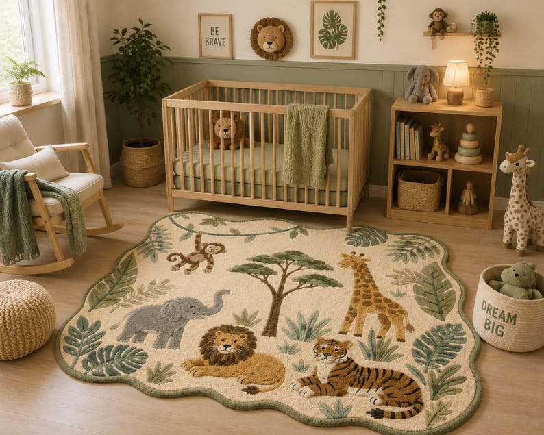 May include: An area rug with an irregular, wavy edge featuring a cream-colored background and a jungle theme. The rug displays illustrations of a gray elephant, a brown lion, a tiger, a giraffe, and a monkey, surrounded by green palm leaves.