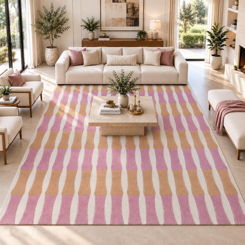 Pastel Multicolor Rug Hand Tufted Pink Wavy Stripe Rug Pastel Wool Area Rug Modern Living ...