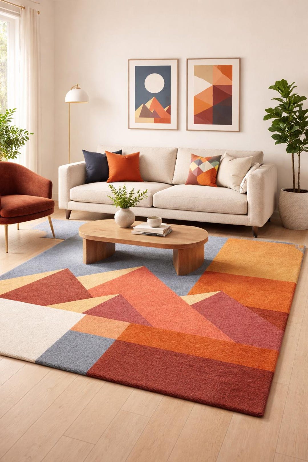 Hand-tufted Wool Rug – Abstract Sun, Arched Corner Geometric Designer ...