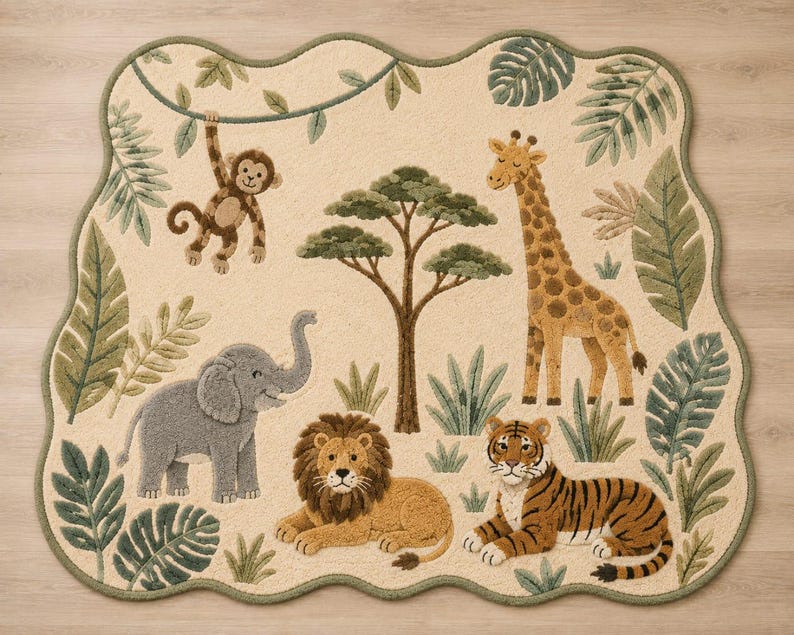 May include: A cream-colored area rug with a scalloped edge featuring a jungle theme. The design includes a brown monkey hanging from a vine, a gray elephant, a brown lion, a yellow and brown giraffe, and a tiger, all surrounded by green leaves.