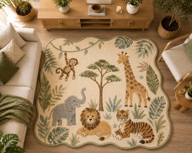 May include: A cream-colored area rug with a scalloped edge featuring a jungle theme. The rug displays a brown monkey hanging from a vine, a gray elephant, a yellow giraffe, a brown lion, and an orange tiger surrounded by green foliage.