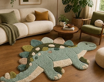 Hand Tufted Dinosaur Rug, Green Kids Carpet with 3D Dino Design for Playroom Nursery Bedroom, Children's Décor, All Sizes Available