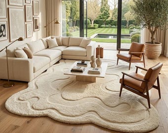 Hand Tufted Organic Rug, Handmade Wool Carpet, Cream Abstract Wave Design, Custom Size, Neutral Modern Living Room Décor