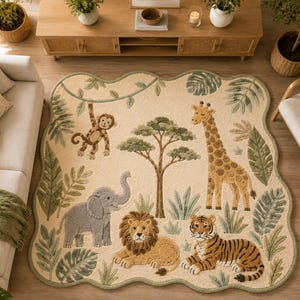 May include: A cream-colored area rug with a scalloped edge featuring a jungle theme. The rug displays a brown monkey hanging from a vine, a gray elephant, a yellow giraffe, a brown lion, and an orange tiger surrounded by green foliage.