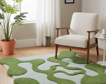 Sage Green Hand Tufted Wool Rug, Organic Shape Area Rug, Biomorphic Modern Carpet, Japandi Living Room Décor, Custom Sizes