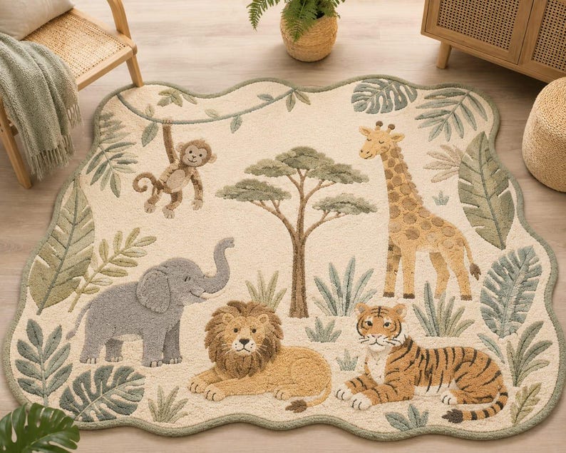 May include: A cream-colored area rug with a scalloped edge featuring a jungle theme. The rug displays a brown monkey hanging from a vine, a tall giraffe, a gray elephant, a golden lion, and a striped tiger surrounded by green palm leaves.