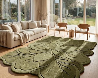 Green Hand Tufted Rug | Handmade Sculptural Leaf Carpet, Custom Size Organic Botanical Floor Covering for Living Room & Bedroom