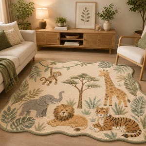 May include: An area rug with an irregular, wavy edge featuring a cream-colored background and a jungle theme. The design includes a gray elephant, a brown lion, a tiger, a giraffe, and a monkey hanging from a vine, surrounded by green foliage.