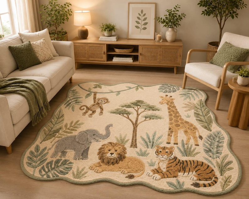 May include: An area rug with an irregular, wavy edge featuring a cream-colored background and a jungle theme. The design includes a gray elephant, a brown lion, a tiger, a giraffe, and a monkey hanging from a vine, surrounded by green foliage.