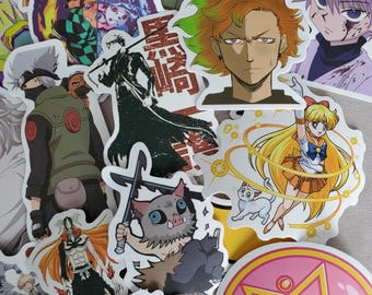 Pode incluir: Uma coleção de adesivos coloridos de personagens de anime com personagens de séries populares como Demon Slayer, Naruto, Sailor Moon e Hunter x Hunter. Os adesivos são impressos em papel branco e têm um acabamento brilhante.
