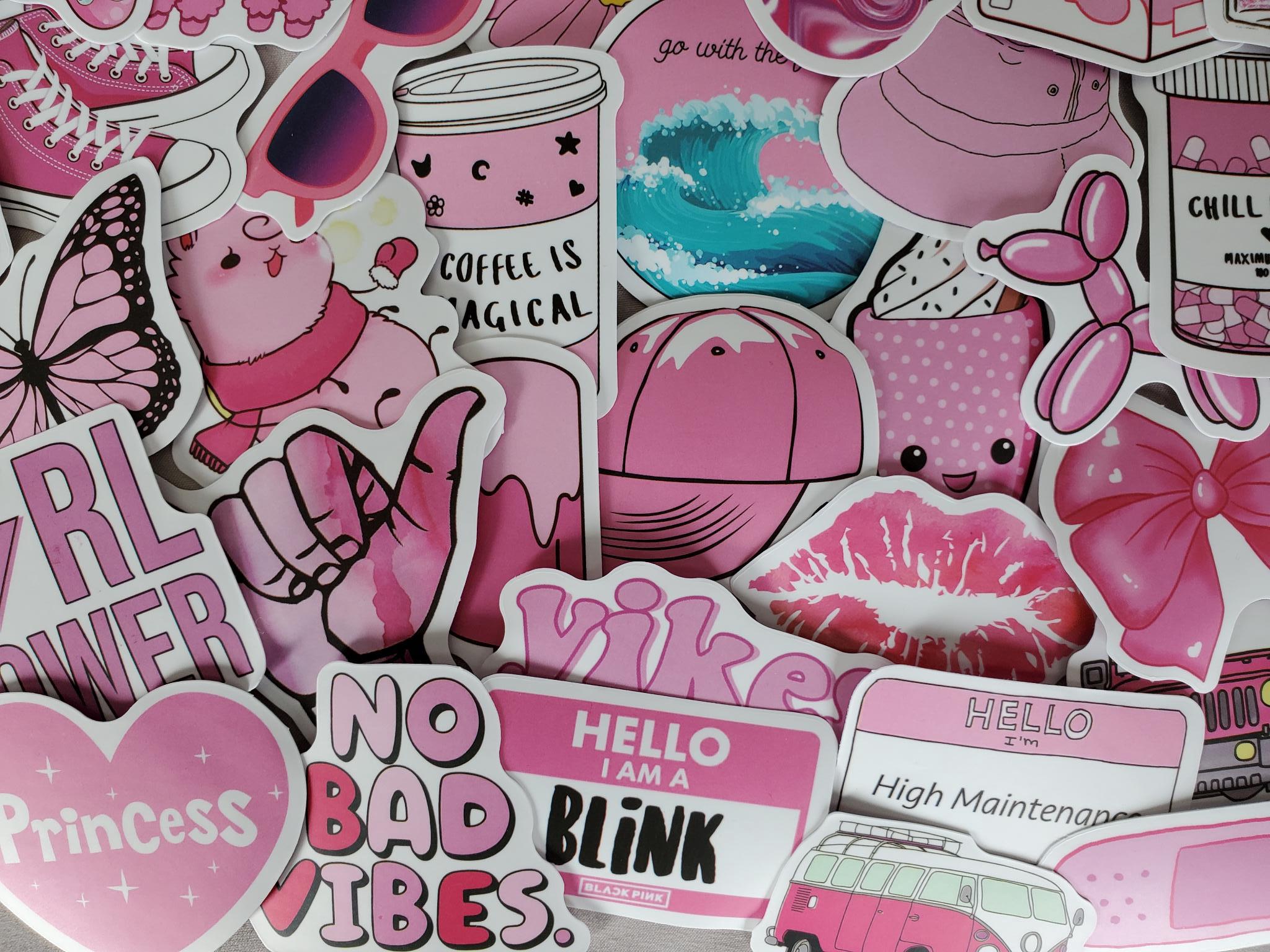 Pink Stickers - Set of 50 Stickers - Vinyl & Waterproof