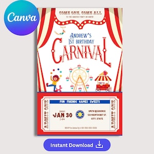 Editable Carnival Birthday Party Invitation | Birthday Party Invite | Digital + Print Design | Free Mobile Invite Included