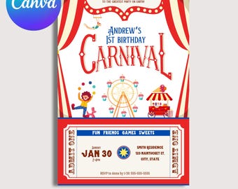 May include: A red and white striped circus tent with a ticket booth. The text on the ticket booth says "ADMIT ONE". The text on the tent says "COME ONE, COME ALL TO THE GREATEST PARTY ON EARTH!" and "ANDREW'S 1ST BIRTHDAY CARNIVAL".