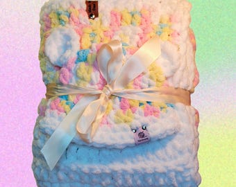 Baby Bundle Blanket and Teddy Bear Beanie in Pastel Rainbow