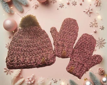 Beanie/Mitten Bundle Crocheted Chunky Style Yarn