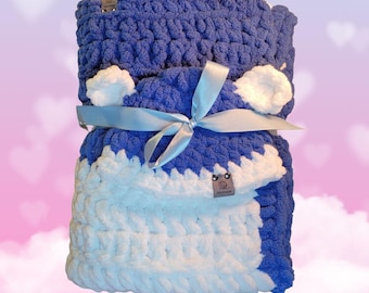 Baby Bundle Blanket and Teddy Bear Beanie in Blue and White