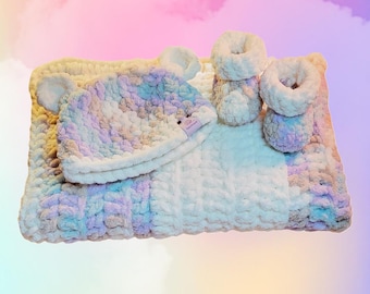 Baby Bundle Blanket Booties and Beanie with Teddy Bear Ears