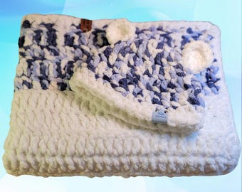 Baby Bundle Blanket and Teddy Bear Beanie Blue & White