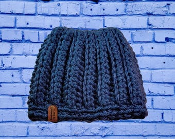 Crochet Messy Bun Ponytail Beanie Handmade