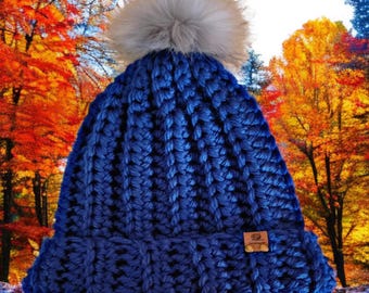 Beanie in Deep Blue with Pom Pom