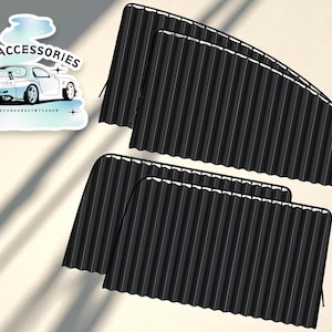 Könnte beinhalten: Schwarze Sonnenblenden für Autofenster mit geripptem Design. Das Bild enthält auch einen Aufkleber mit dem Text "CAR ACCESSORIES" und eine Autoillustration.