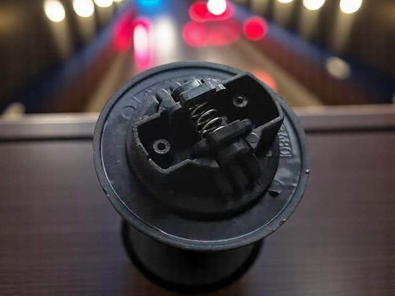 May include: A close-up of a black metal bottle stopper with a spring mechanism. The stopper has a circular shape and a textured surface.
