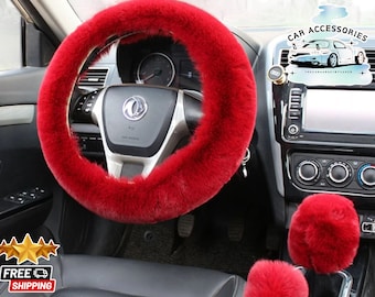 Plush Faux Wool Steering Wheel Cover Set | Winter Car Accessories