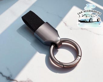 Leather Strap Keychain | Minimalist Metal Ring Key Fob with Carabiner