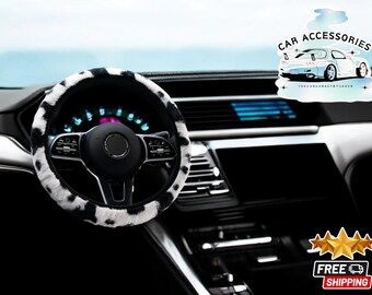 Cow Print Steering Wheel Cover | Plush Faux Wool, Anti-Slip