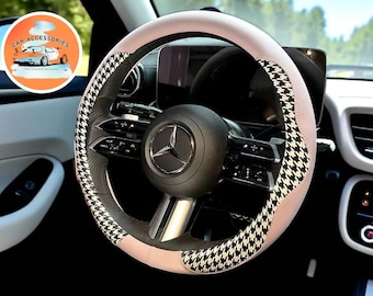 Houndstooth Steering Wheel Cover | Microfiber Leather, Stylish Car Accessory