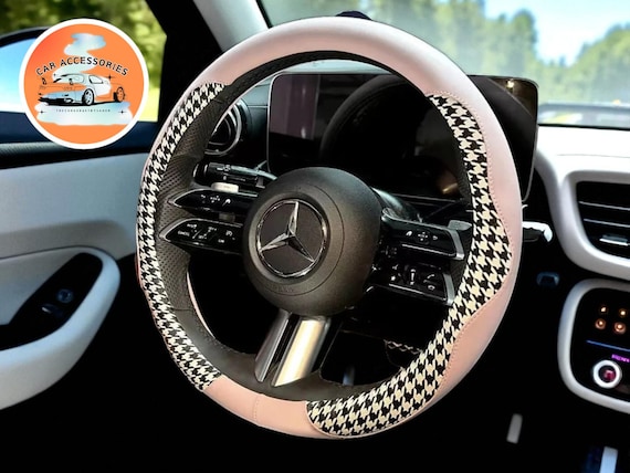 Houndstooth Steering Wheel Cover | Microfiber Leather, Stylish Car Accessory