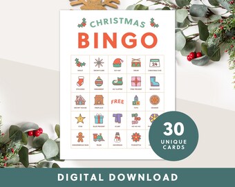 May include: A printable Christmas Bingo card with 25 squares featuring various Christmas-themed icons, such as a stocking, a snowman, a gingerbread man, and a Christmas tree. The card is titled "Christmas Bingo" and has a green and red color scheme. The text "30 Unique Cards" is displayed in a circle on the right side of the card.