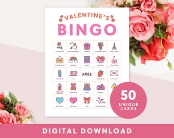 Printable Valentine's Day Bingo Game | 50 Cards | Instant Download | Fun Digital Printable for Kids and Adults | Printable Bingo Cards