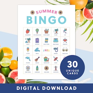 Druckbares Sommer Bingo Spiel | 30 Karten | Sofortdownload | Spaß Digital Printable für Kinder und Erwachsene | Druckbare Bingo Karten