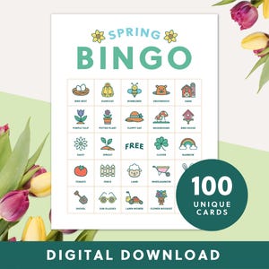Druckbare Frühlings Bingo Spiel | 100 Karten | Sofortdownload | Spaß Digital Printable für Kinder und Erwachsene | Druckbare Bingo Karten