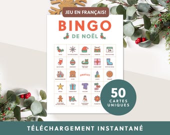 May include: A printable Christmas Bingo game in French with 50 unique cards. The game board features illustrations of Christmas-themed items like a stocking, a gingerbread man, and a Christmas tree. The text on the board reads "Jeu en Francais! Bingo de Noel".