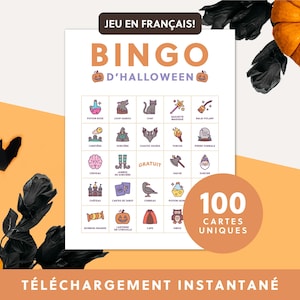 May include: A Halloween-themed bingo game with colorful illustrations of spooky items. The game board features the text "BINGO D'HALLOWEEN" and "100 UNIQUE CARDS". The background is orange with a pumpkin and bat decorations.