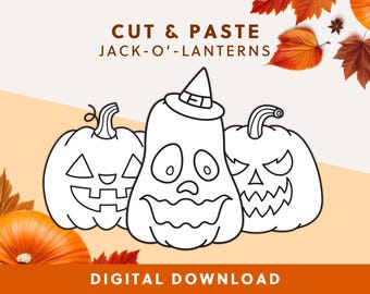 Cut and Paste Jack-O'-Lanterns | Cut Out and Glue Activity | Printable Autumn Pumpkin Crafts | Educational and Learning (PDF Download)