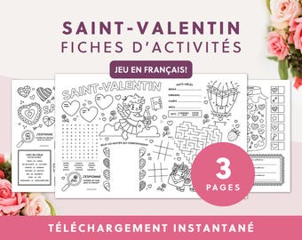 Fiches d'activités imprimables pour la Saint-Valentin | 3 pages | Téléchargement instantané | Jeu numérique amusant pour enfants