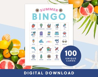 Printable Summer Bingo Game | 100 Cards | Instant Download | Fun Digital Printable for Kids and Adults | Printable Bingo Cards