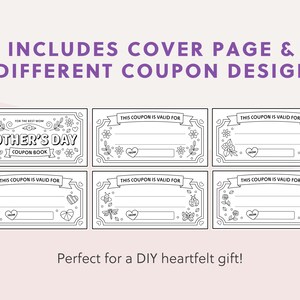 May include: Black and white printable Mother's Day coupon book with five different coupon designs. The cover page features the text "Mother's Day Coupon Book".