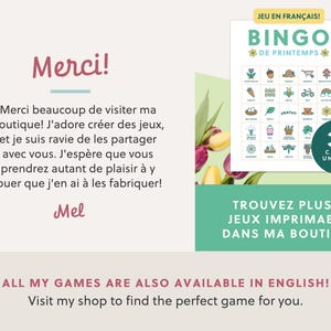 May include: A spring-themed Bingo game in French with 30 unique cards, featuring colorful illustrations of flowers, vegetables, and other spring elements. The text "Bingo de Printemps" is displayed prominently.