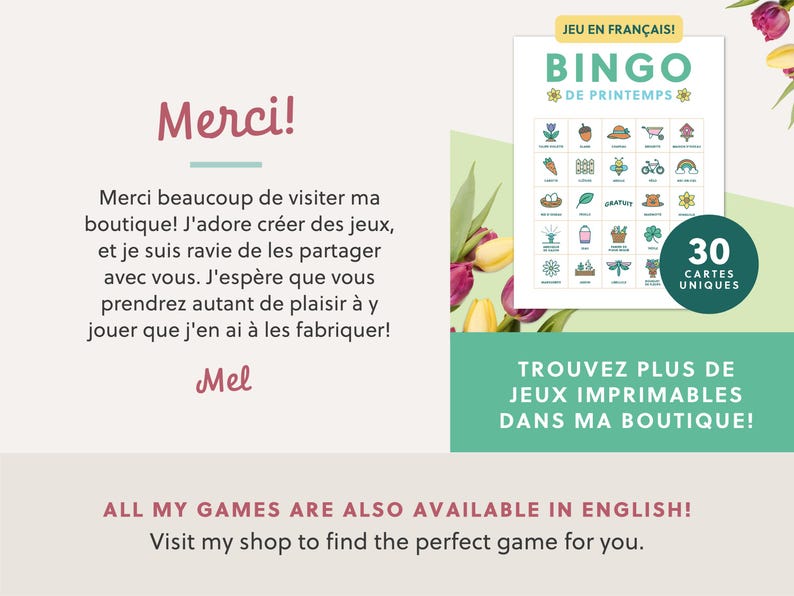 May include: A spring-themed Bingo game in French with 30 unique cards, featuring colorful illustrations of flowers, vegetables, and other spring elements. The text "Bingo de Printemps" is displayed prominently.