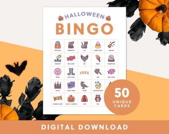 Printable Halloween Bingo Game | 50 Cards | Instant Download | Fun Digital Printable for Kids and Adults | Printable Bingo Cards